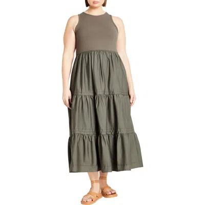 City Chic Chelsea Tiered Sleeveless Maxi Dress In Olive