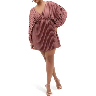 City Chic Chloe Pleated Long Sleeve Satin Minidress In Purple