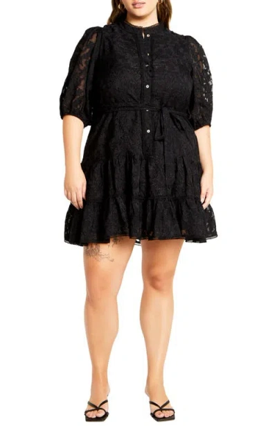 City Chic Chrissa Floral Puff Sleeve Tiered Dress In Black
