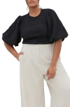 City Chic Chrissie Balloon Sleeve Textured Top In Black