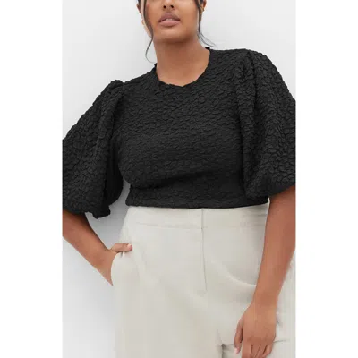City Chic Chrissie Texture Puff Sleeve Top In Black