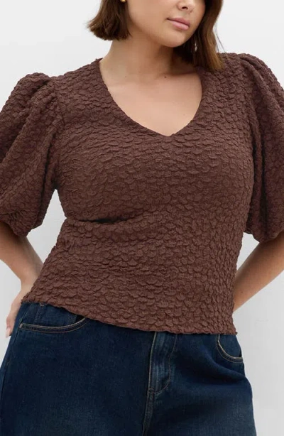 City Chic Chrissie Texture Puff Sleeve Top In Brown