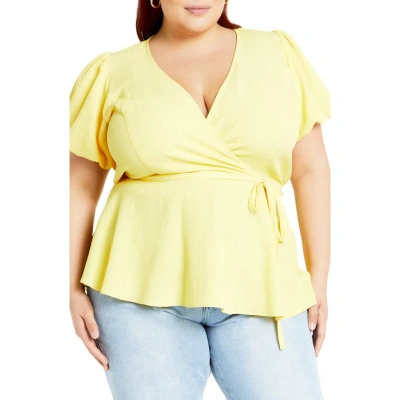 City Chic Christa Puff Sleeve Faux Wrap Top In Buttercup