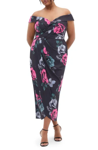 City Chic Clair Print Off The Shoulder Midi Dress In Black
