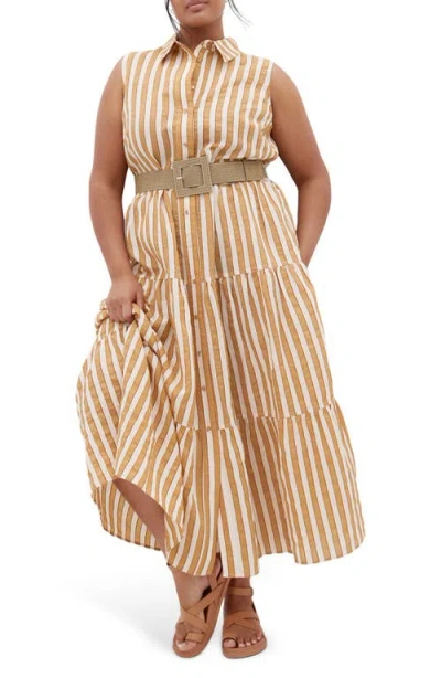 City Chic Clean Lines Belted Midi Dress In Terracotta Stripe