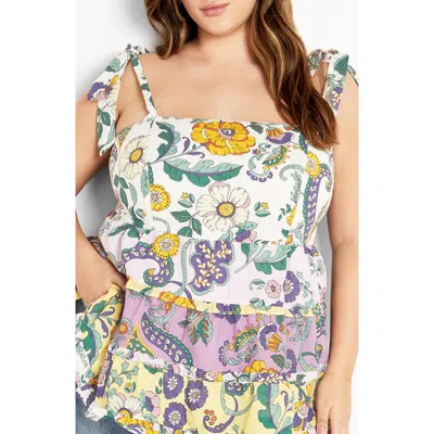 City Chic Cleo Smocked Tie Shoulder Top In Multi