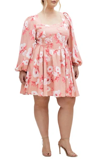 City Chic Cordelia Rose Print Long Sleeve Minidress In Vintage Rose