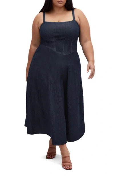 City Chic Corset Denim Sundress In Dark Denim