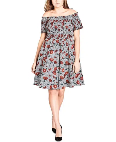 City Chic Cotton Smocked Off-the-shoulder Dress - Plus In Picnic Floral In Multi