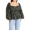City Chic Dahlia Peasant Top In Olive Ditsy