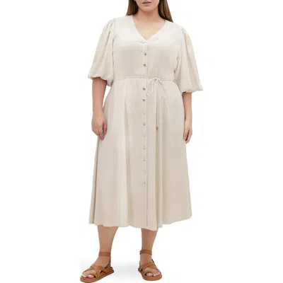 City Chic Dahlia Puff Sleeve Midi Dress In Neutral