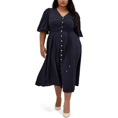 City Chic Dahlia Puff Sleeve Midi Dress In Navy