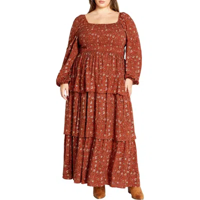 City Chic Dahlia Smocked Long Sleeve Tiered Maxi Dress In Spice Ditsy