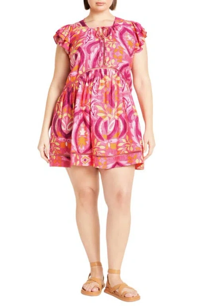 City Chic Dallas Flutter Cap Sleeve Dress In Summer Tile
