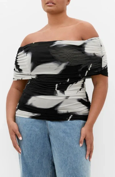 City Chic Dana Floral Off The Shoulder Mesh Top In Black