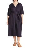 City Chic Davina Puff Sleeve Tie Waist Midi Dress In Blue