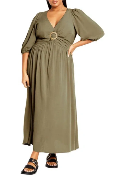 City Chic Daydream Three-quarter Sleeve Maxi Dress In Olive