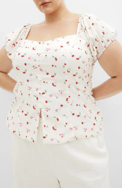 City Chic Daydreamer Print Puff Sleeve Top In White