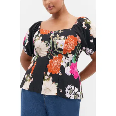 City Chic Daydreams Floral Puff Sleeve Peplum Top In Black
