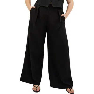 City Chic Dee Front Pleat Wide Leg Pants In Black