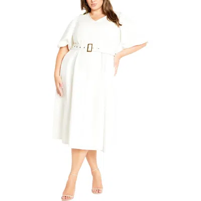 City Chic Delilah Flutter Sleeve Denim Midi Dress In Ivory