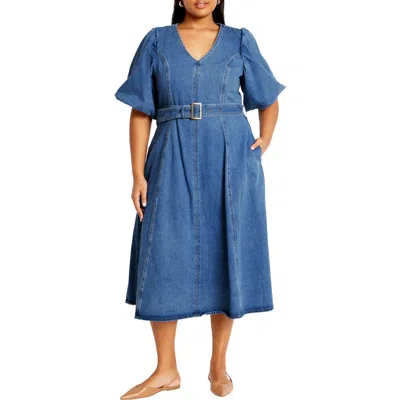City Chic Delilah Flutter Sleeve Denim Midi Dress In Mid Wash