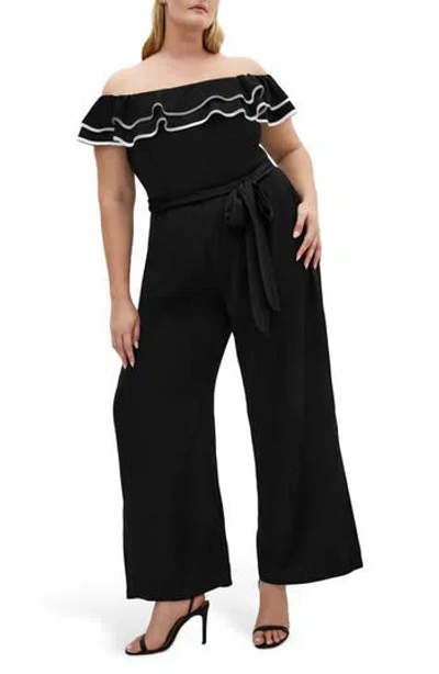 City Chic Demure Frill Off The Shoulder Jumpsuit In Black