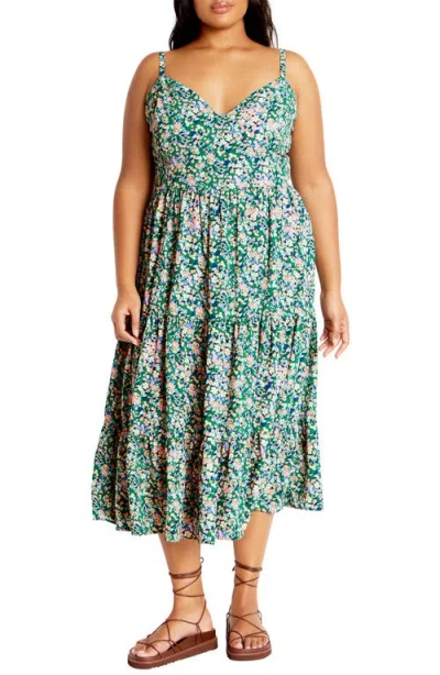 City Chic Ditsy Floral Midi Sundress In Green Fields