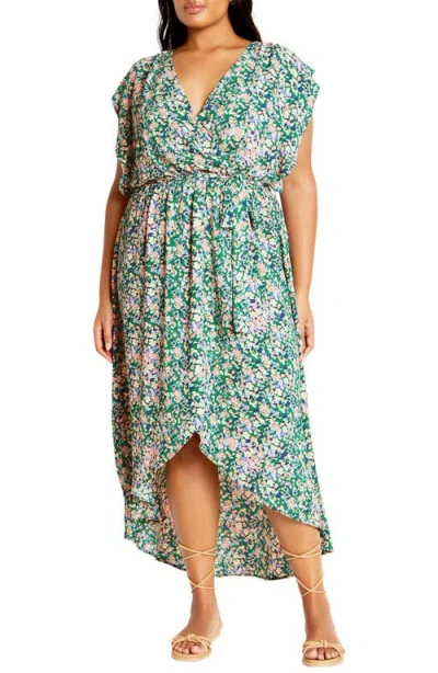 City Chic Ditsy Floral Wrap Front Maxi Dress In Green Fl Fields