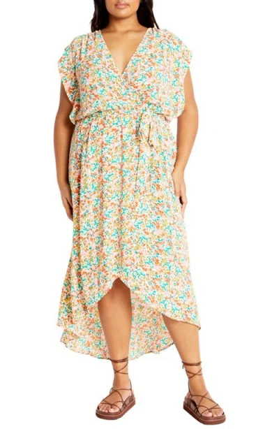 City Chic Ditsy Floral Wrap Front Maxi Dress In Orange Fl Fields