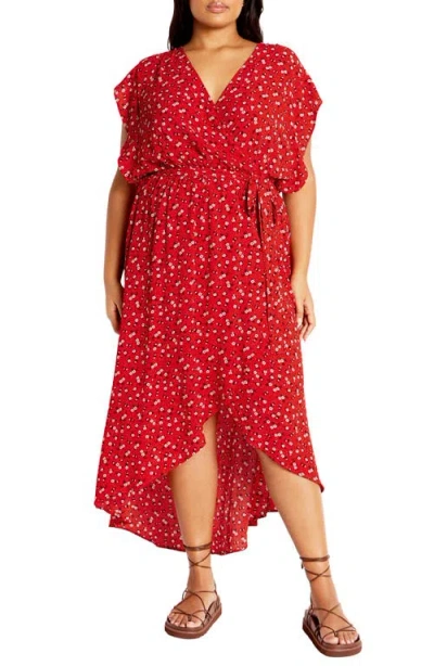 City Chic Ditsy Floral Wrap Front Maxi Dress In Red