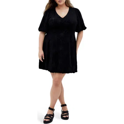 City Chic Dottie Bubble Hem Puff Sleeve Dress In Black