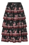 City Chic Drama Floral Ruffle Tiered Maxi Skirt In Black
