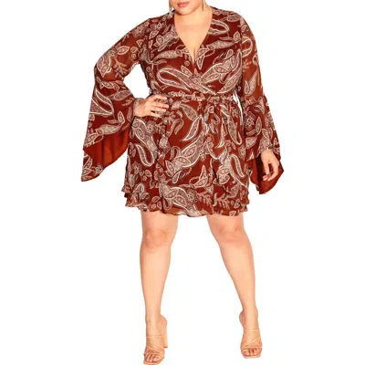 City Chic Dream Paisley Faux Wrap Minidress In Brown