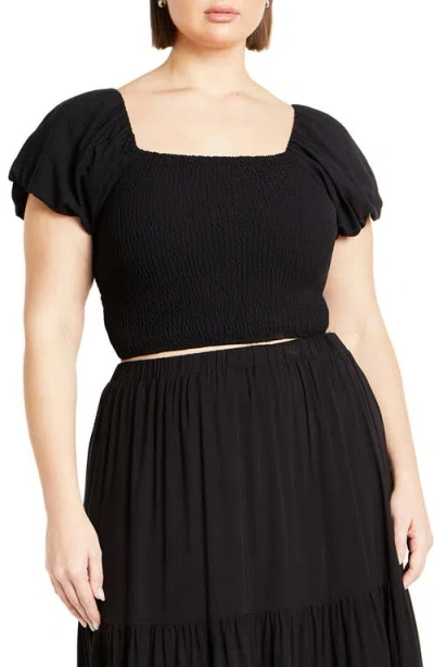 City Chic Dylan Smocked Puff Sleeve Crop Top In Black
