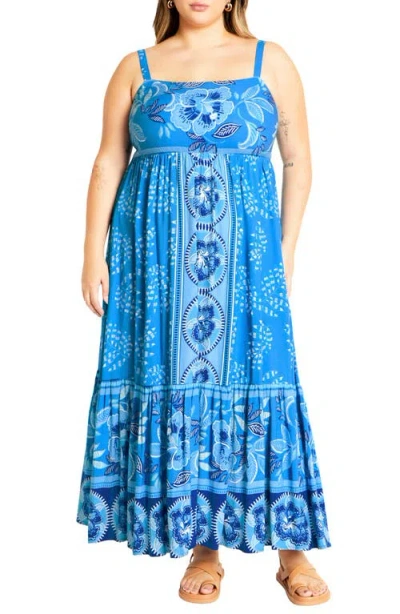 City Chic Eden Print Maxi Sundress In Ice Blue