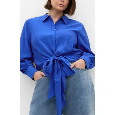 City Chic Elena Tie Waist Button-up Shirt In Blue