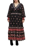City Chic Eleni Batik Border Print Long Sleeve Maxi Dress In Black Batik Border