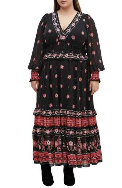 City Chic Eleni Batik Border Print Long Sleeve Maxi Dress In Black Batik Border