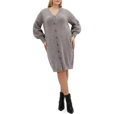 City Chic Eleni Button Front Long Sleeve Sweater Dress In Gray