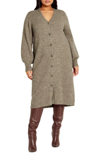 City Chic Eleni Button Front Long Sleeve Sweater Dress In Taupe Marle