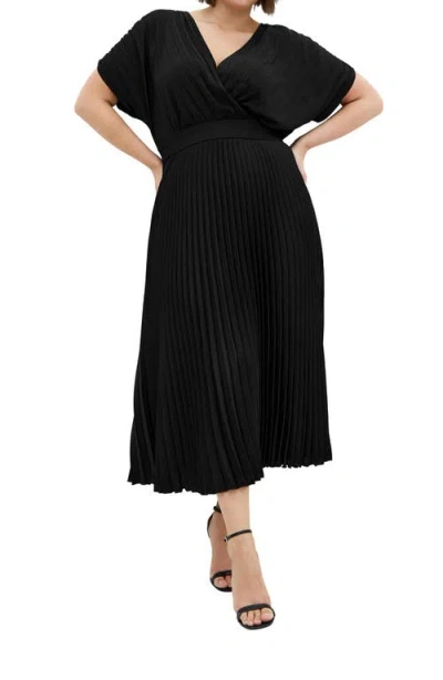 City Chic Elia Faux Wrap Pleated Dress In Black
