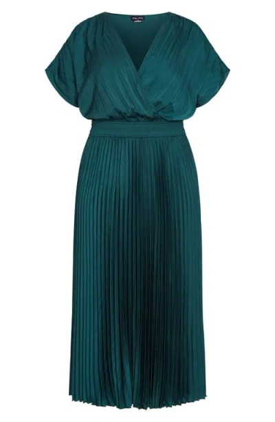 City Chic Elia Faux Wrap Pleated Dress In Emerald