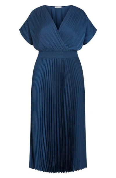 City Chic Elia Faux Wrap Pleated Dress In Blue