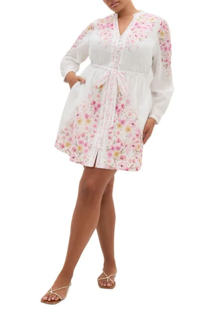 City Chic Elia Placed Floral Long Sleeve Cotton Dress In White
