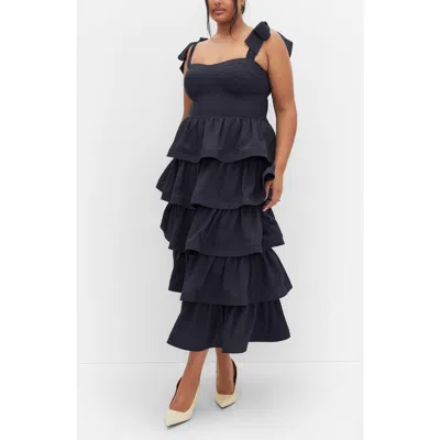 City Chic Elina Tie Strap Tiered Midi Dress In Navy