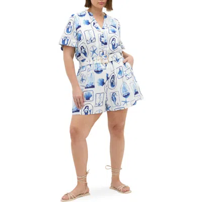City Chic Elise Amalfi Print Belted Button Front Romper In Blue
