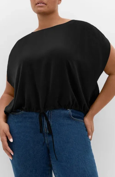 City Chic Elise Ruched Sleeve Drawstring Waist Top In Black