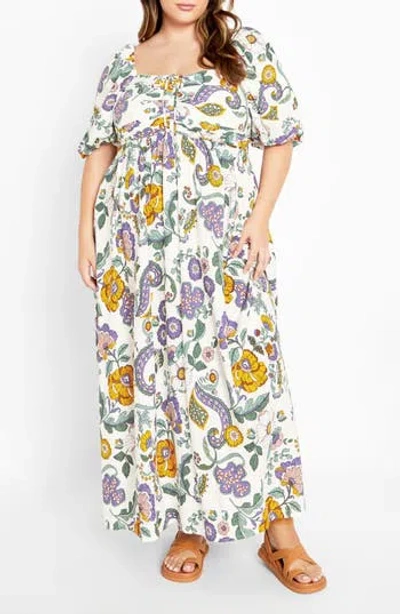 City Chic Ellea Puff Sleeve Maxi Dress In Multi