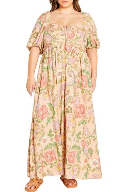 City Chic Ellea Puff Sleeve Maxi Dress In Multi